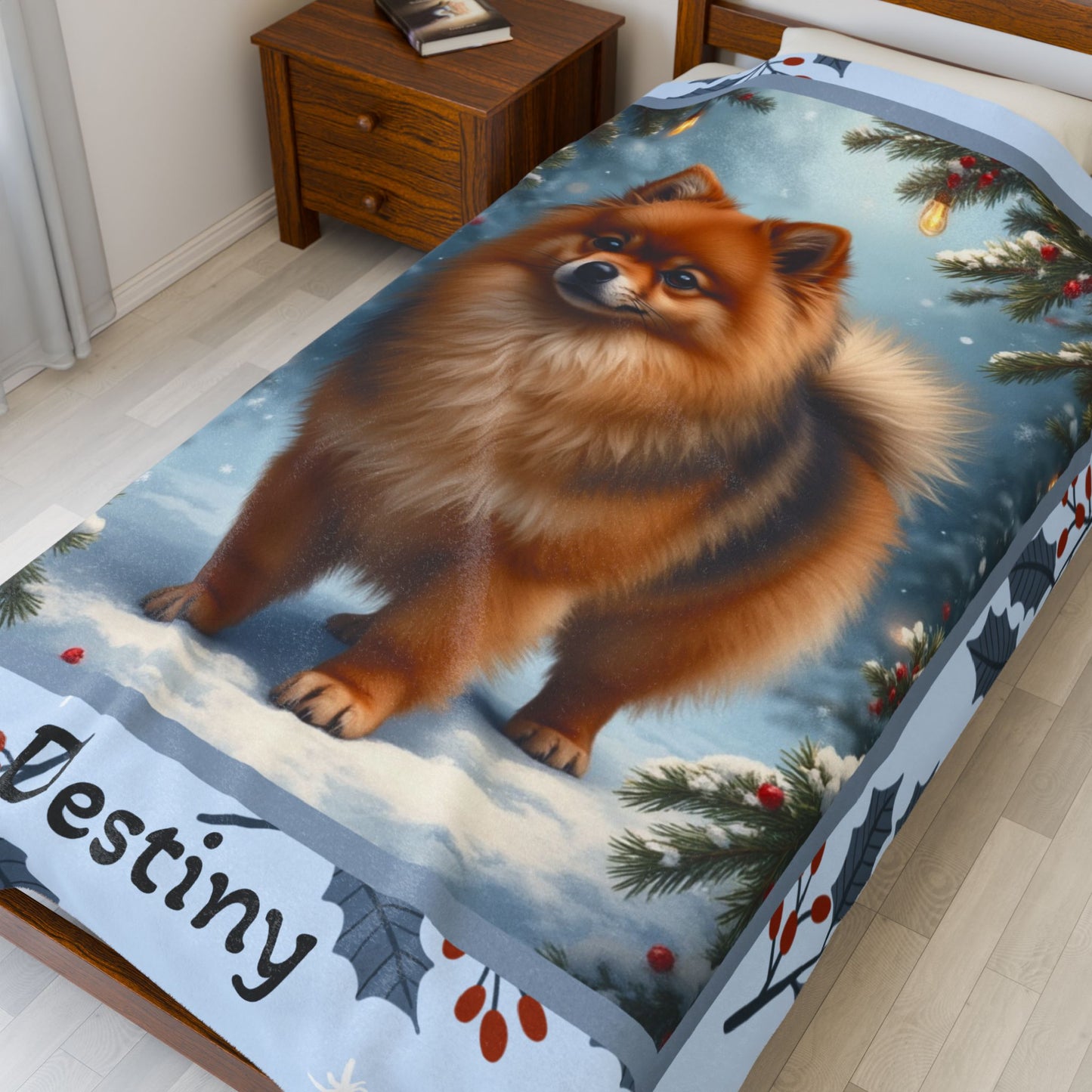 Pomeranian Orange Sable custom winter blanket showing a fluffy Pom in a bright snowy lodge illustration