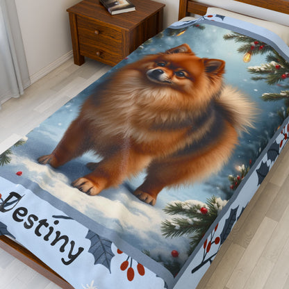 Pomeranian Orange Sable custom winter blanket showing a fluffy Pom in a bright snowy lodge illustration