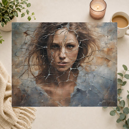 Break Free - Woman's Portrait Puzzle with Cracked Texture in Muted Blue and Brown Tones