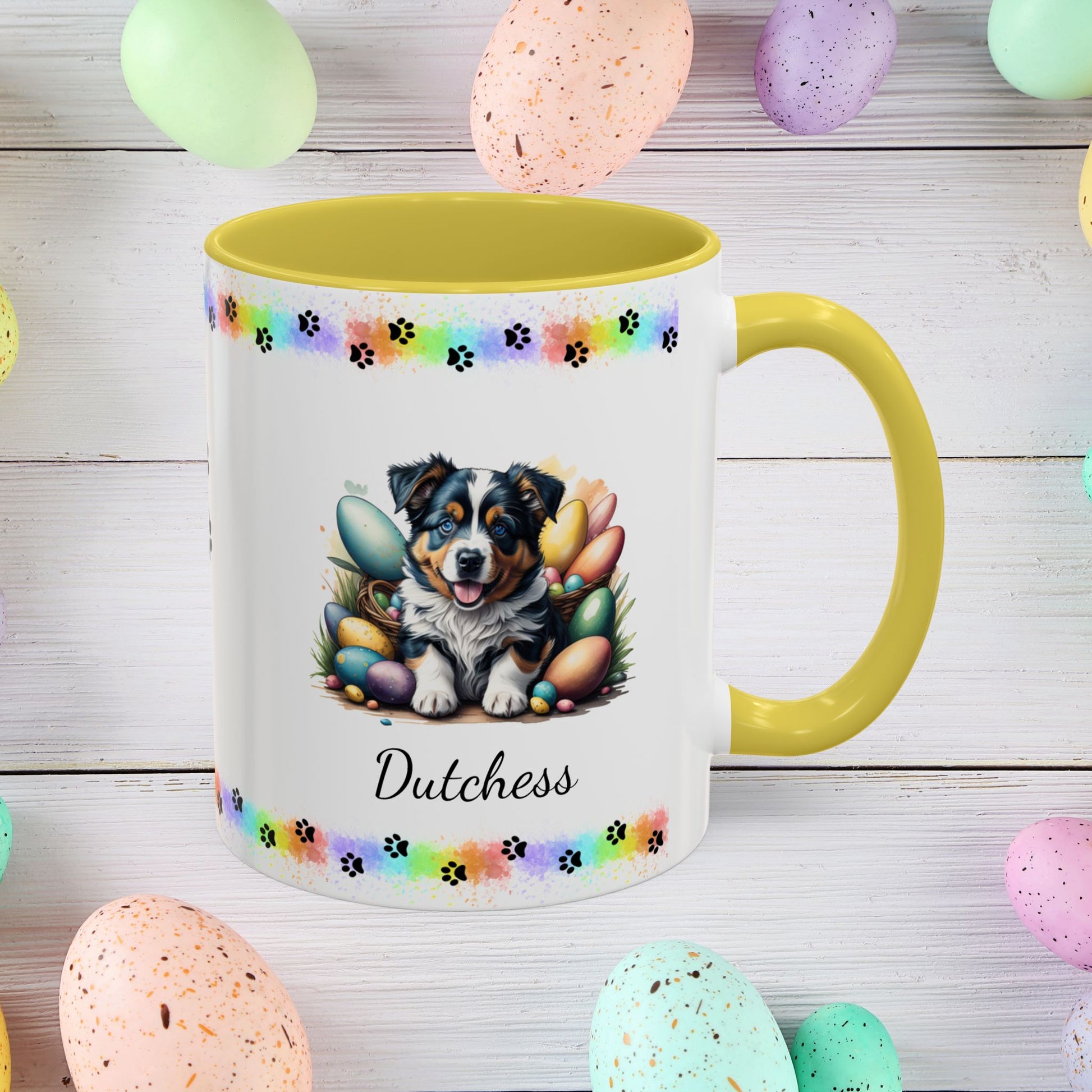 Australian Shepherd: Personalized Easter Puppy Coffee Mug - Adorable Dog Design, Mental Health Gift, 11oz & 15oz, 12 Color Choices, Easter Gifts & Décor