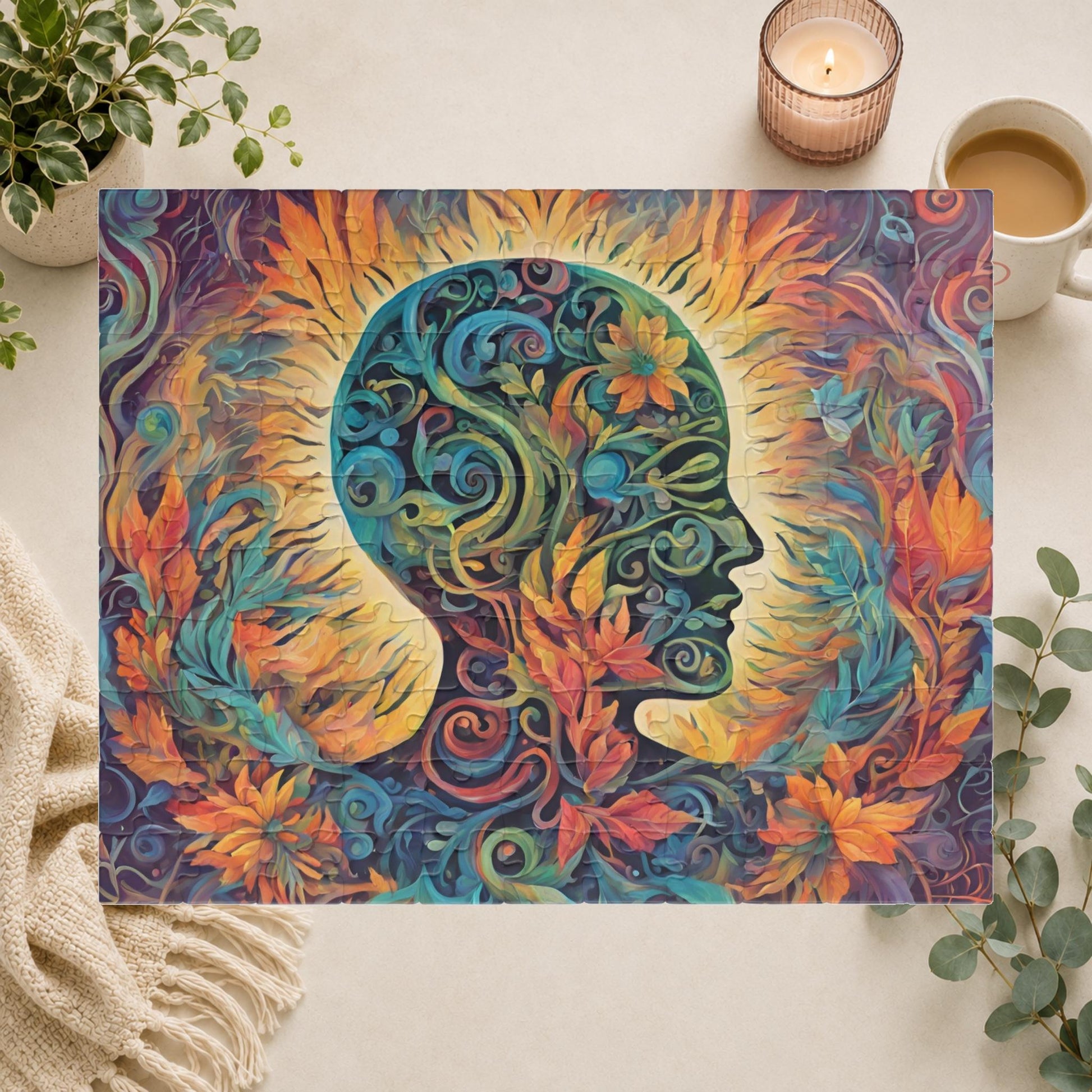Colorful puzzle with a stylized head design featuring flowers and abstract patterns.