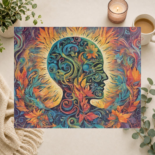 Colorful puzzle with a stylized head design featuring flowers and abstract patterns.