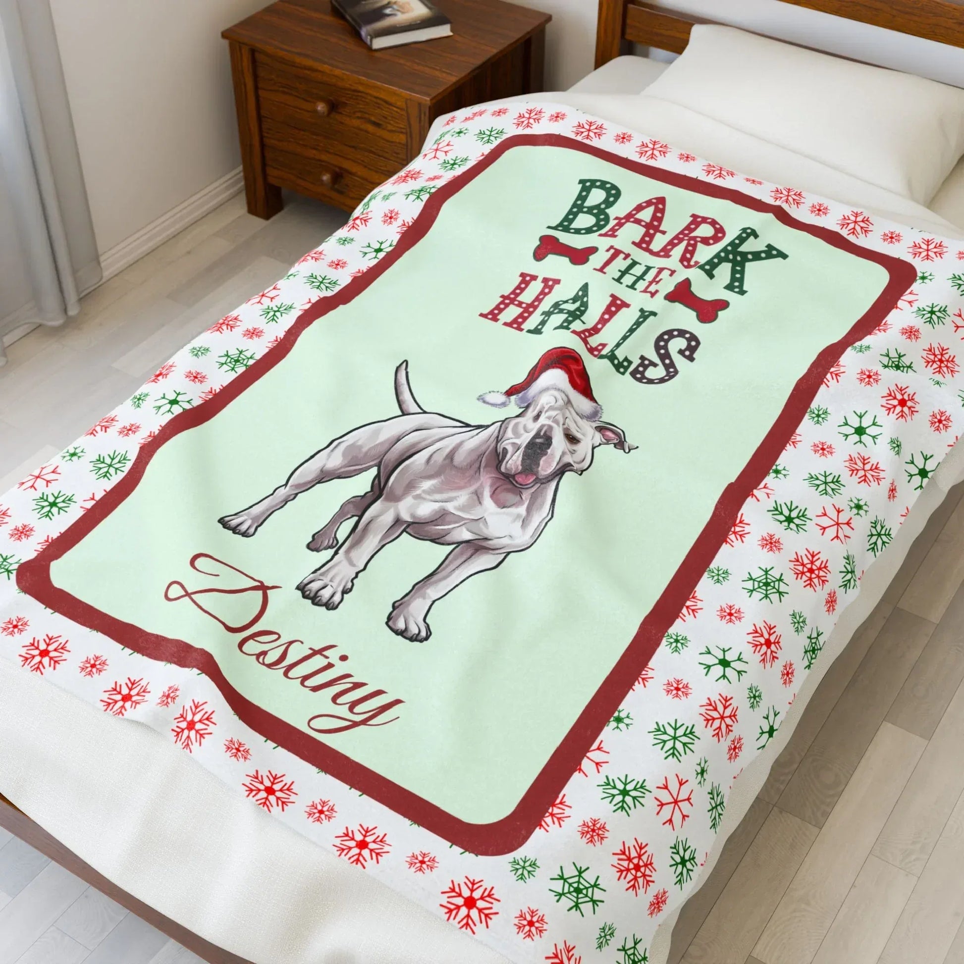 Shop our premium pitbull white personalized velveteen plush blanket bark the halls from MySisterIsASurvivor.