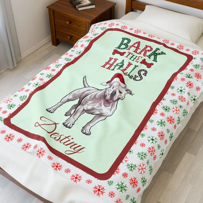 Shop our premium pitbull white personalized velveteen plush blanket bark the halls from MySisterIsASurvivor.