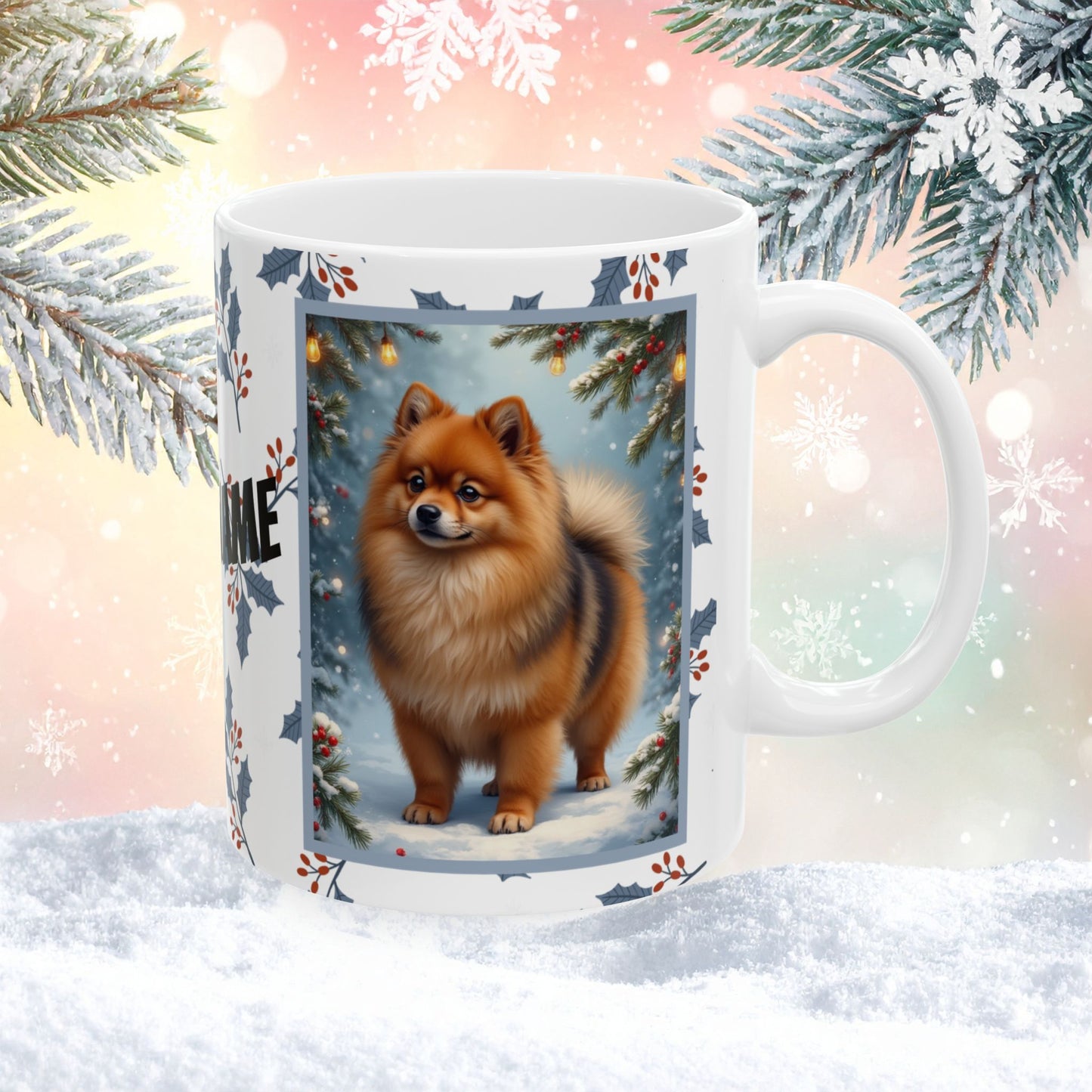 Pomeranian (Orange Sable) Winter Mug - orange sable pomeranian illustrated standing in a winter scene with pine trees