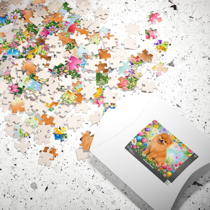 Pomeranian (Orange) Easter Puppy Puzzle - Spring Garden with Eggs, Tulips, and Daisies