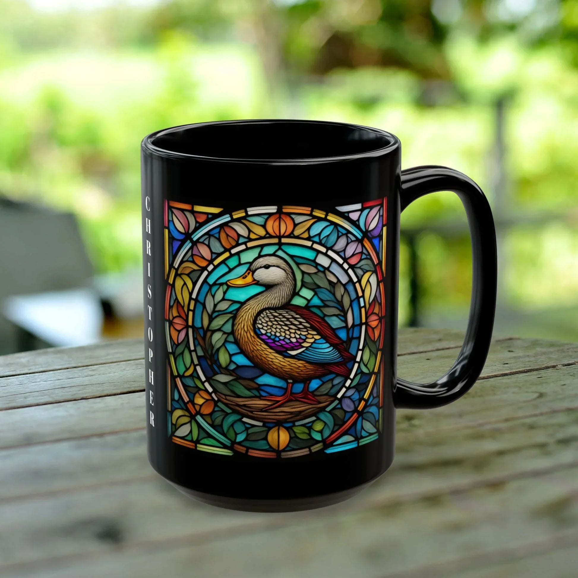 Shop our premium duck stained glass zoo animals ceramic black mug from MySisterIsASurvivor.