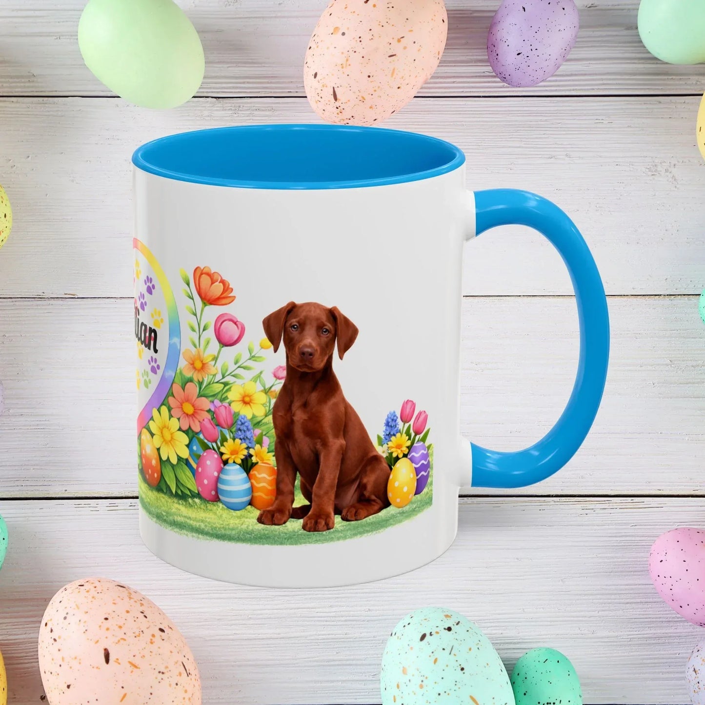 Shop our doberman melanistic red puppy easter mug featuring the 11oz style option from MySisterIsASurvivor.