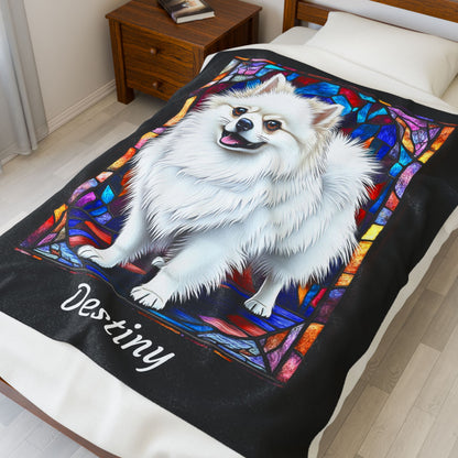 Pomeranian White Coat Blanket, Velveteen Plush Stained Glass Dog Throw, Custom Pet Lover Gift