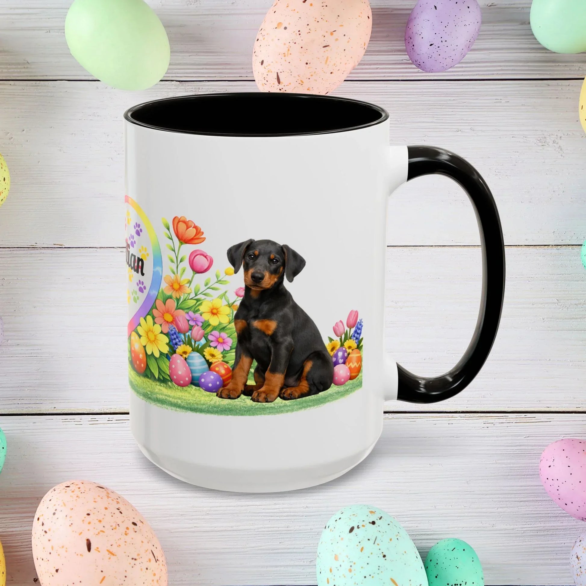 Shop our doberman blue rust puppy easter mug featuring the 15oz style option from MySisterIsASurvivor.