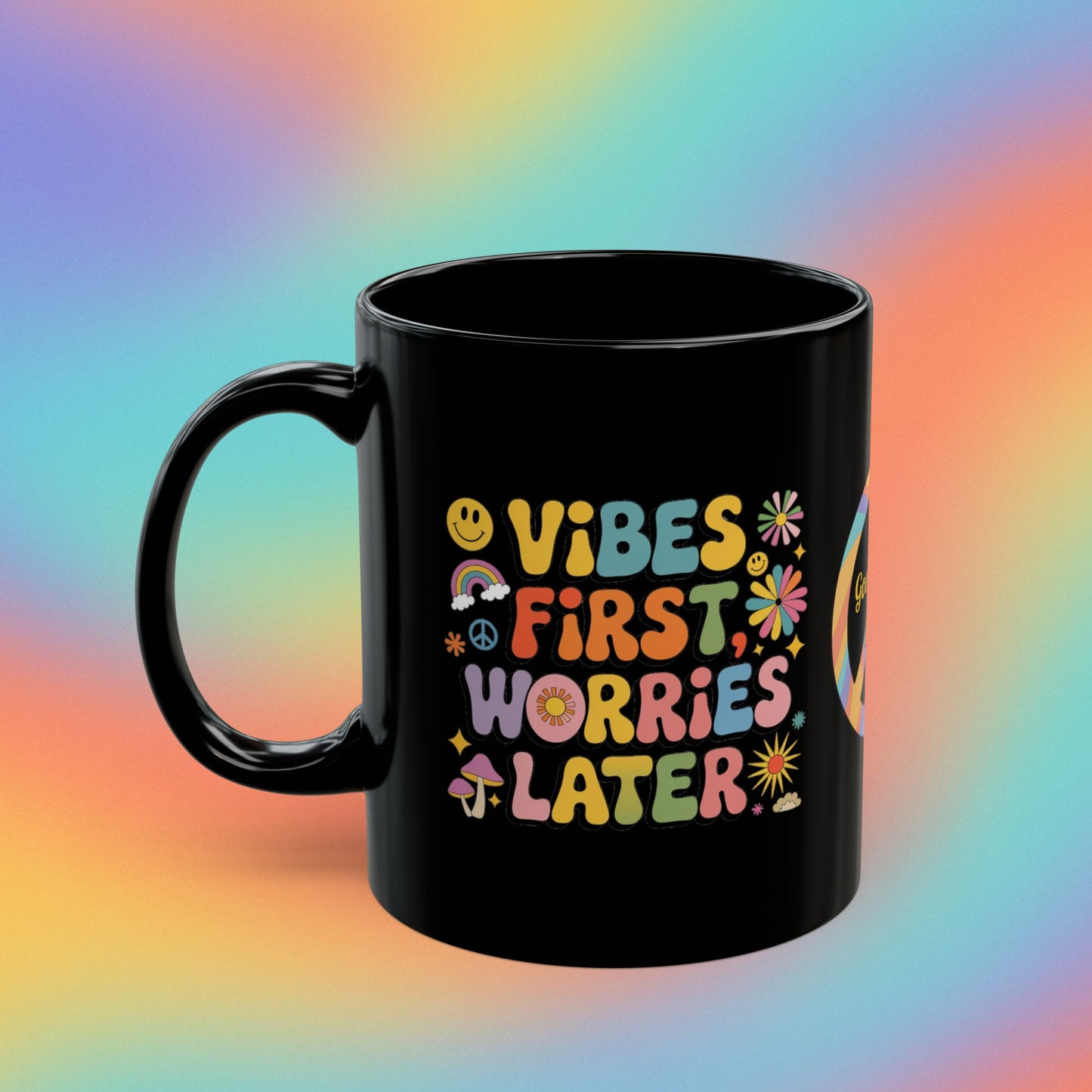 Vibes First Worries Later Retro 70s Mug, Groovy Mental Wellness Coffee Gift - MySisterIsASurvivor