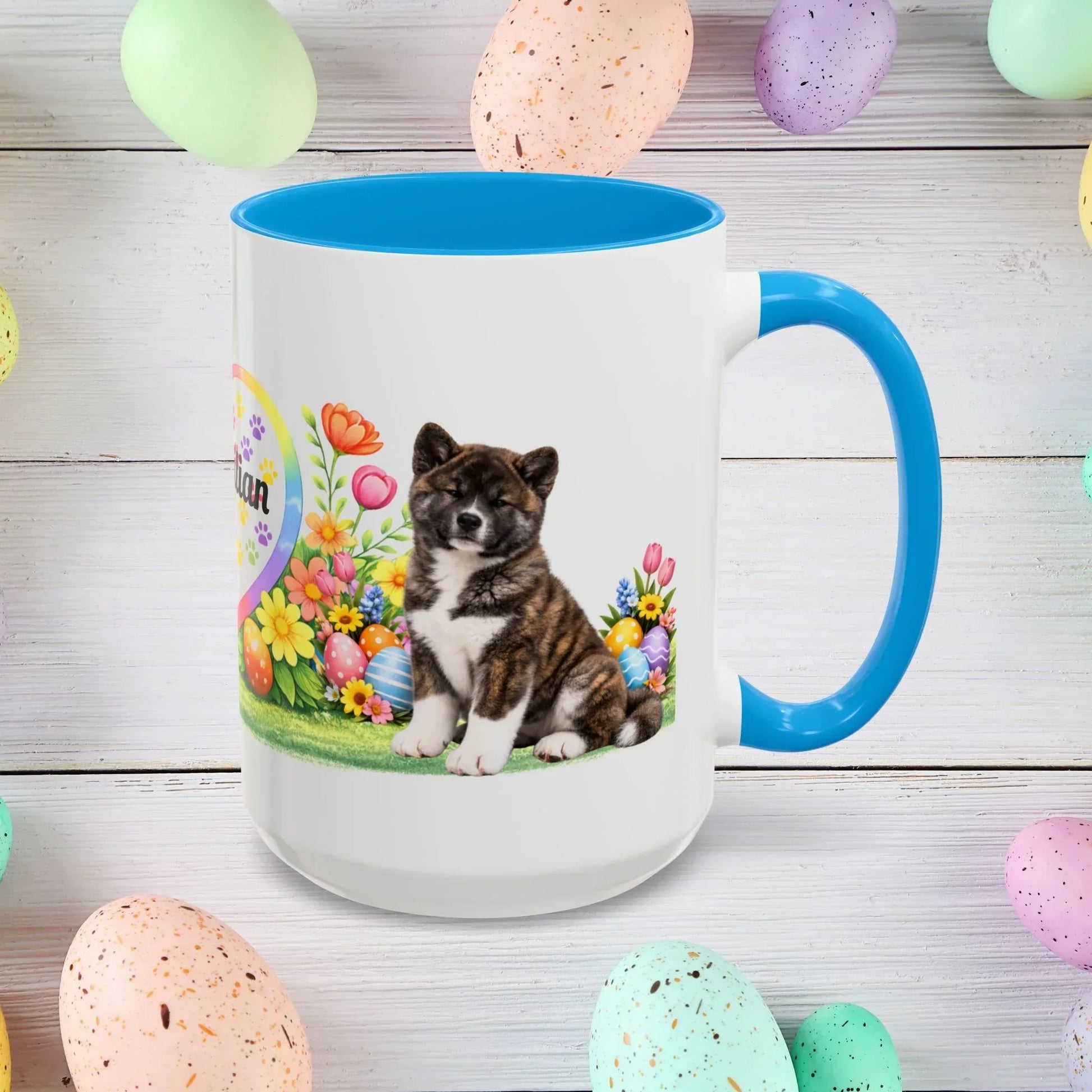 Shop our akita brindle puppy easter mug featuring the 15oz style option from MySisterIsASurvivor.