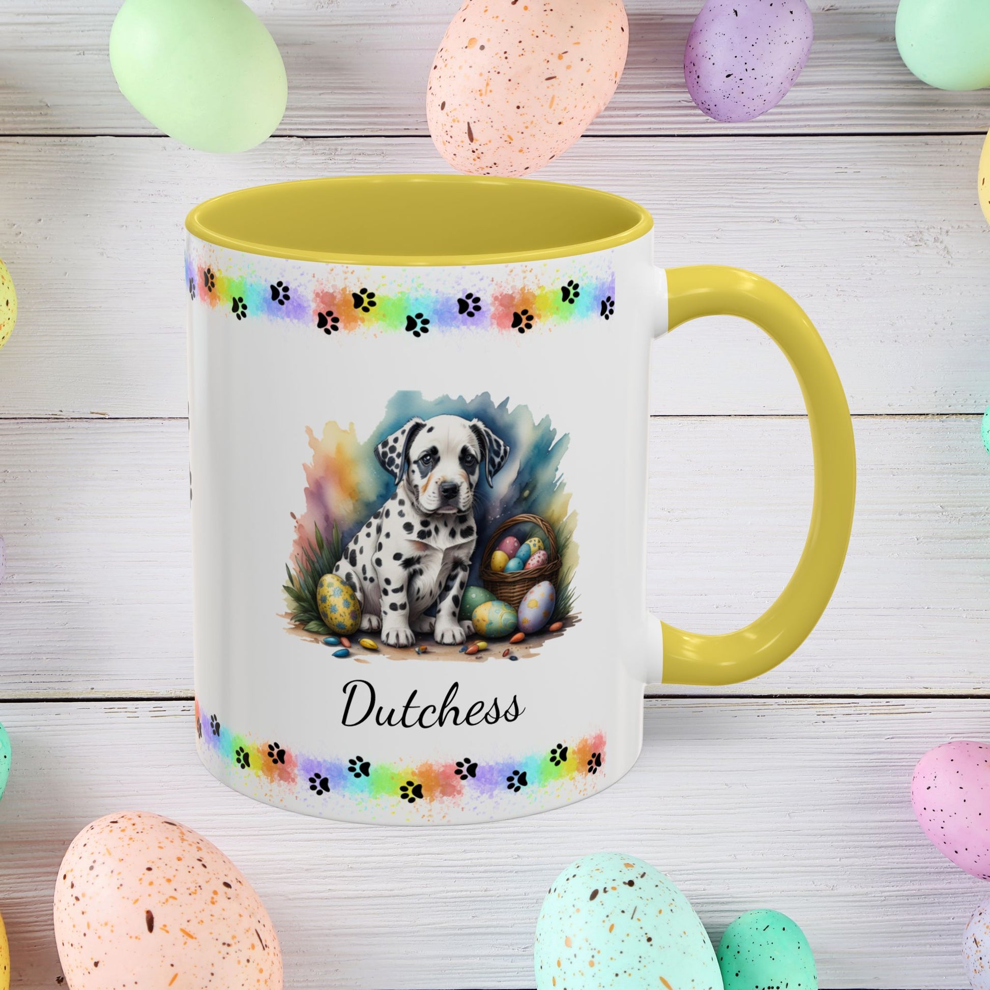 Dalmatian: Personalized Easter Puppy Coffee Mug - Adorable Dog Design, Mental Health Gift, 11oz & 15oz, 12 Color Choices, Easter Gifts & Décor
