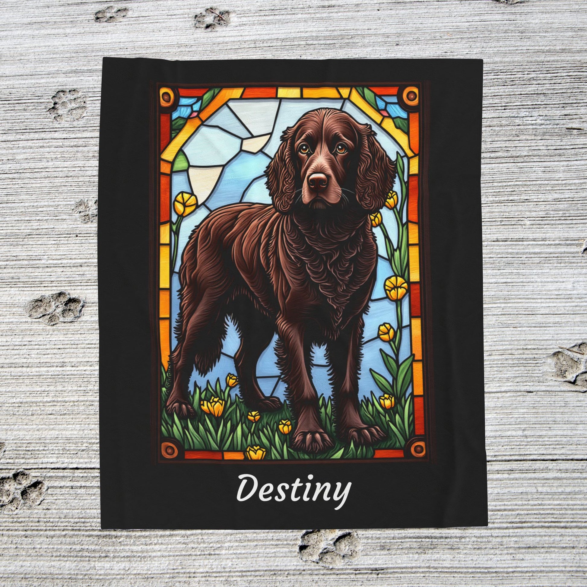 American Water Spaniel velveteen blanket, custom dog throw, personalized stained glass pet gift - MySisterIsASurvivor