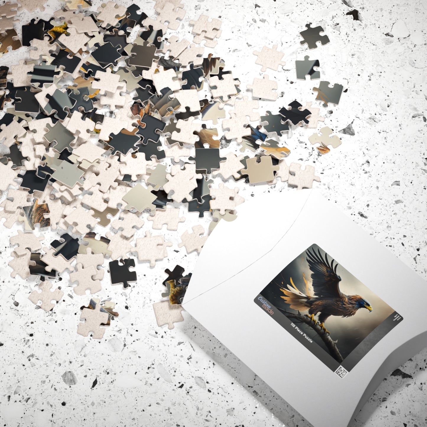 Sky Majesty Triumph - Cinematic Eagle Puzzle with One Wing Raised on Atmospheric Grey Background