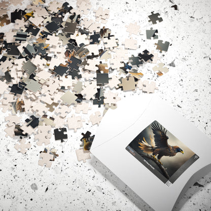 Sky Majesty Triumph - Cinematic Eagle Puzzle with One Wing Raised on Atmospheric Grey Background