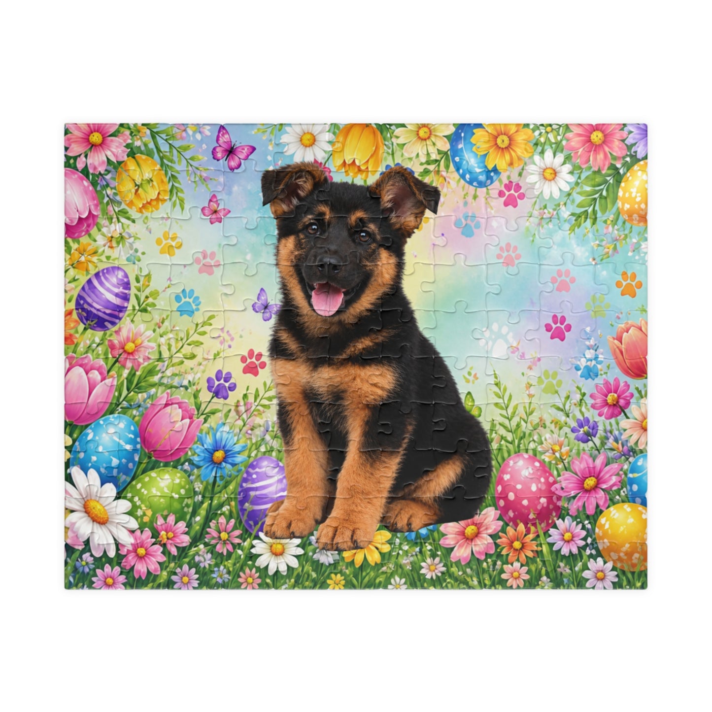 German Shepherd (Black & Red) Easter Puppy Puzzle - Spring Garden with Eggs, Tulips, and Daisies