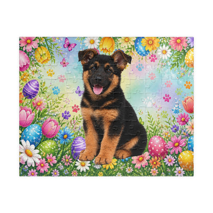 German Shepherd (Black & Red) Easter Puppy Puzzle - Spring Garden with Eggs, Tulips, and Daisies