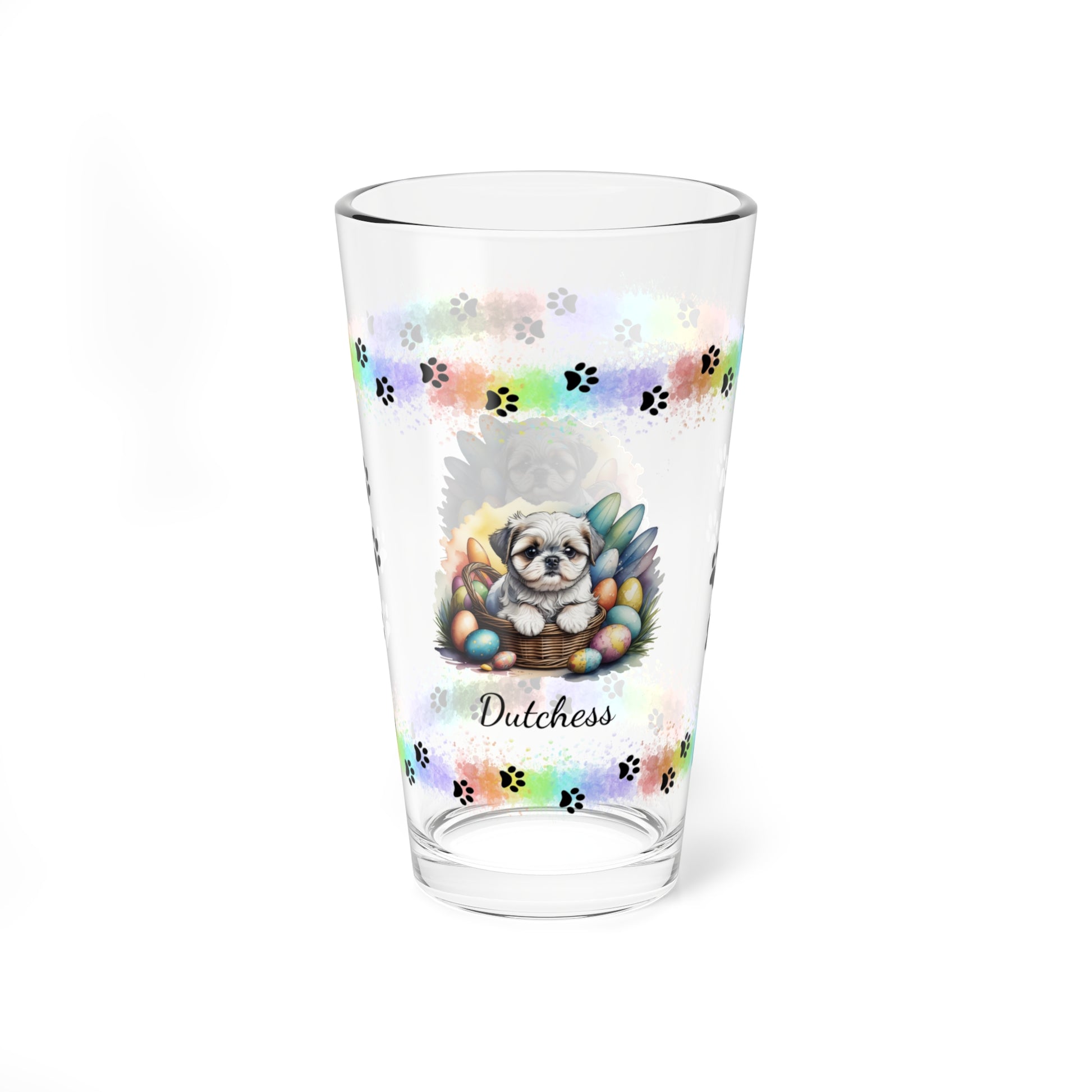 Shih Tzu (Silver & White) Personalized Easter Puppy 16oz Pint Glass - Custom Dog Design, Mental Health Gift, Easter Décor, and Festive Celebrations