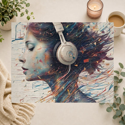 Music and Emotional Resonance - Woman with Headphones Puzzle with Colorful Music Notes and Paint Fragments