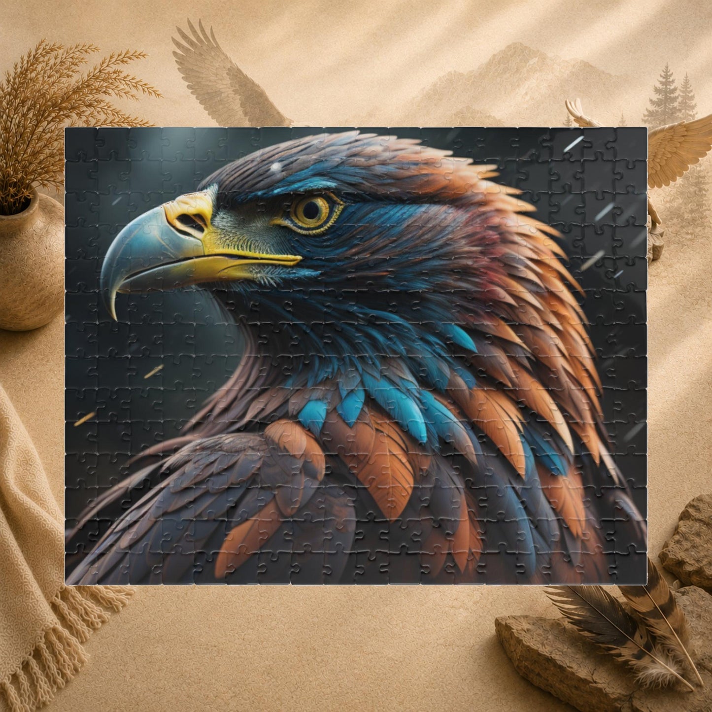 Eagle's Inspiration - Naturalistic Eagle Portrait Puzzle with Warm Brown Feathers and Stormy Background