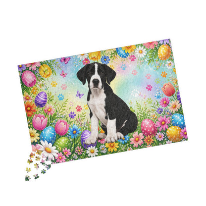 Great Dane (Mantle) Easter Puppy Puzzle - Spring Garden with Eggs, Tulips, and Daisies