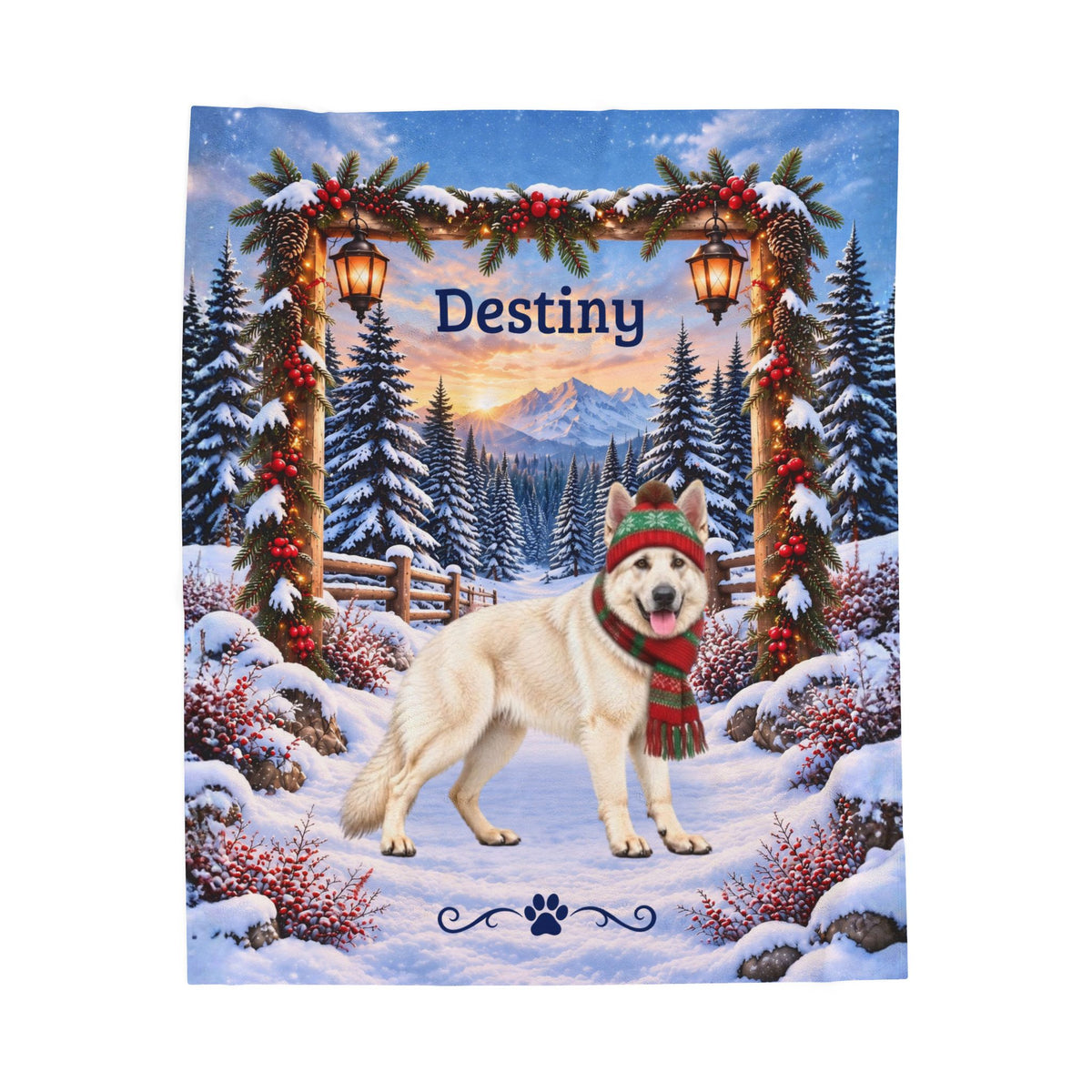 German Shepherd (White Coat) - Personalized Winter Forest Blanket, Custom Name Velveteen Throw - MySisterIsAsurvor