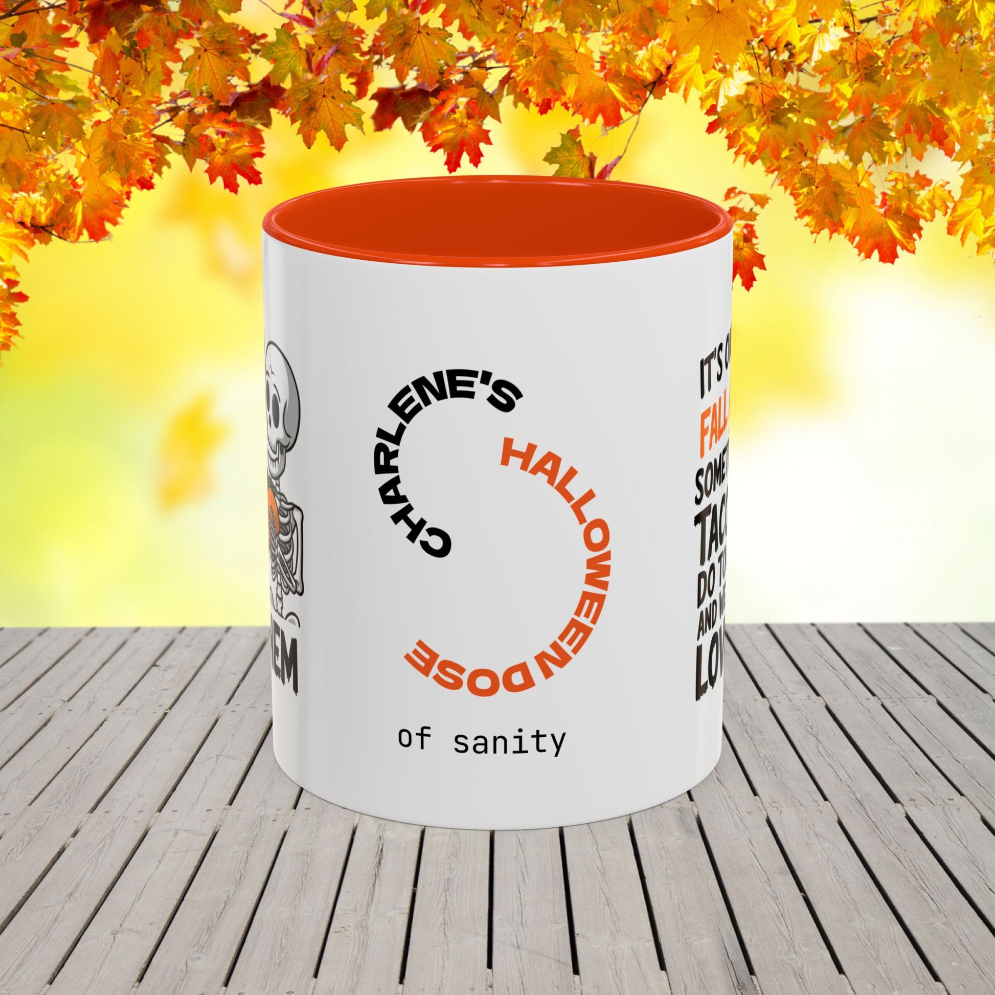 Personalized Halloween mug with taco quote, “It’s Okay to Fall Apart,” uplifting mental wellness gift with name.