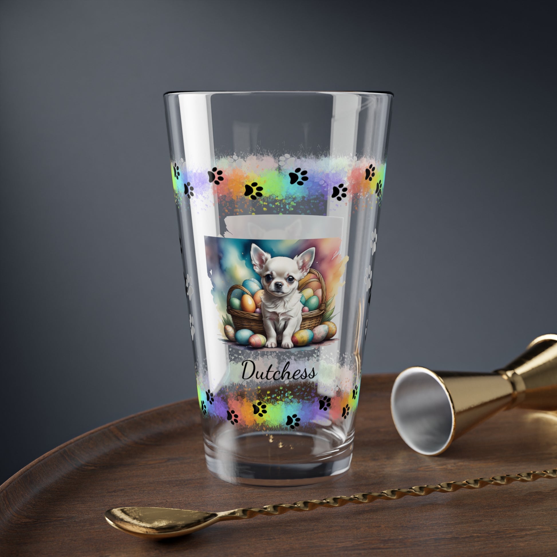 Chihuahua (White) Personalized Easter Puppy 16oz Pint Glass - Custom Dog Design, Mental Health Gift, Easter Décor, and Festive Celebrations