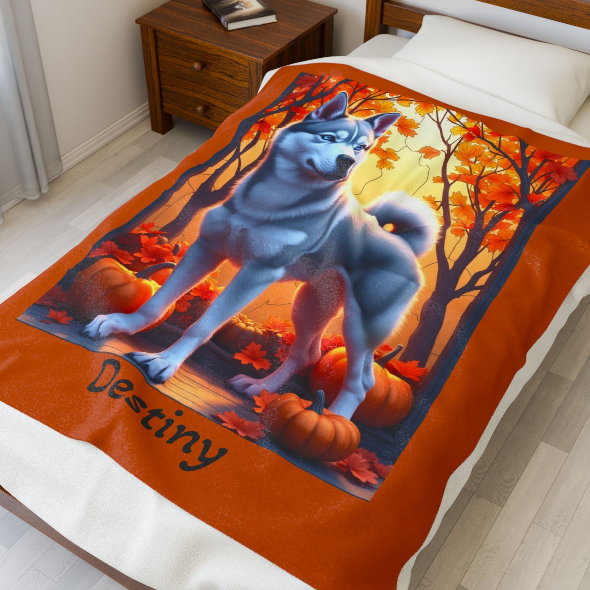 Silver Grey Husky blue eyes velveteen plush blanket, custom dog throw for Husky fans - MySisterIsASurvivor