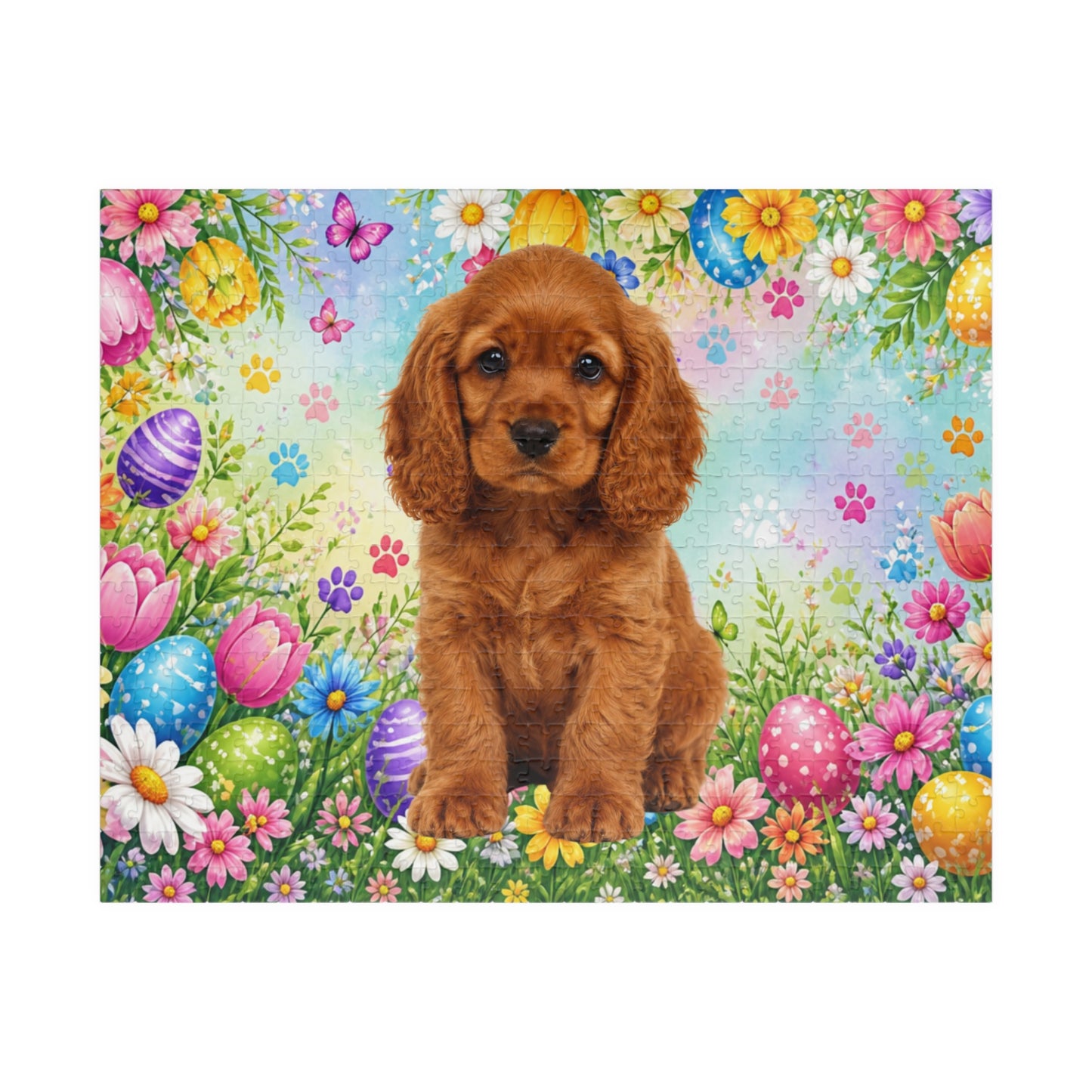 American Cocker Spaniel (Red) Easter Puppy Puzzle - Spring Garden with Eggs, Tulips, and Daisies