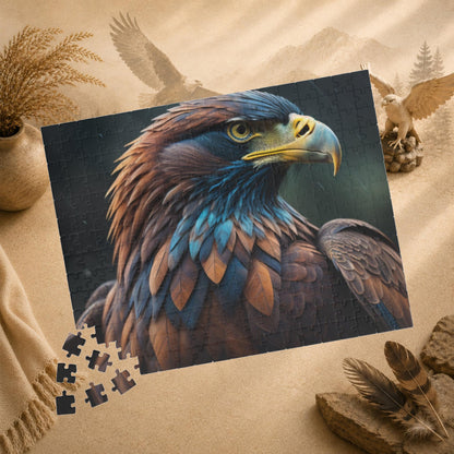 Feathers of Resilience - Close-Up Eagle Portrait Puzzle with Warm Brown and Teal Feathers on Green Bokeh