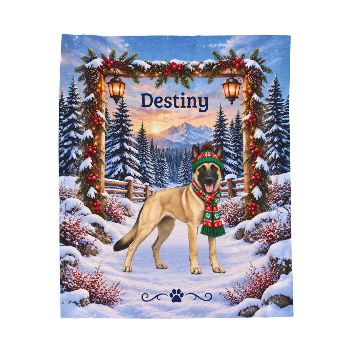Belgian Malinois (Fawn Coat) - Custom Name Plush Blanket, Personalized Snowy Woodland Dog Mom Gift