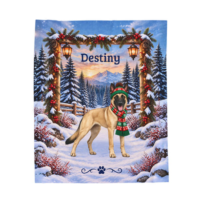 Belgian Malinois (Fawn Coat) - Custom Name Plush Blanket, Personalized Snowy Woodland Dog Mom Gift