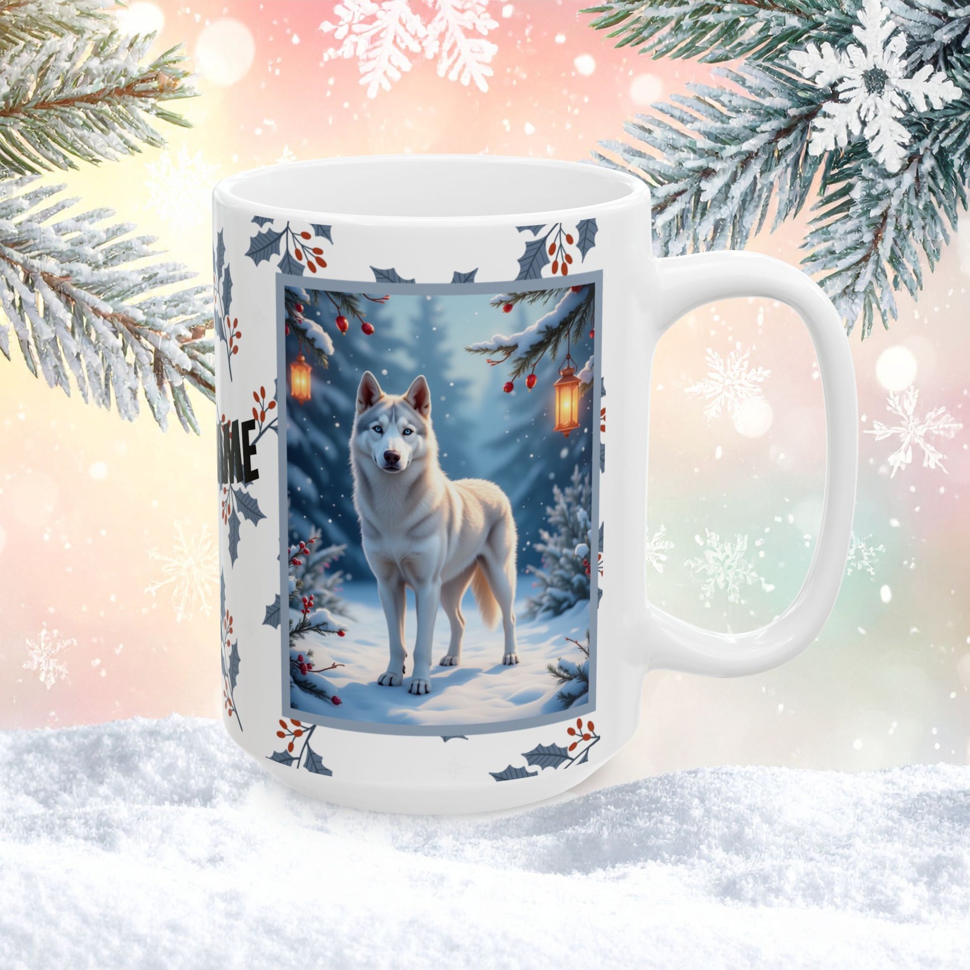 Husky (Silver) Winter Mug - silver husky artwork standing in a bright winter setting with soft snow details