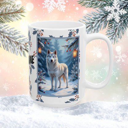 Husky (Silver) Winter Mug - silver husky artwork standing in a bright winter setting with soft snow details
