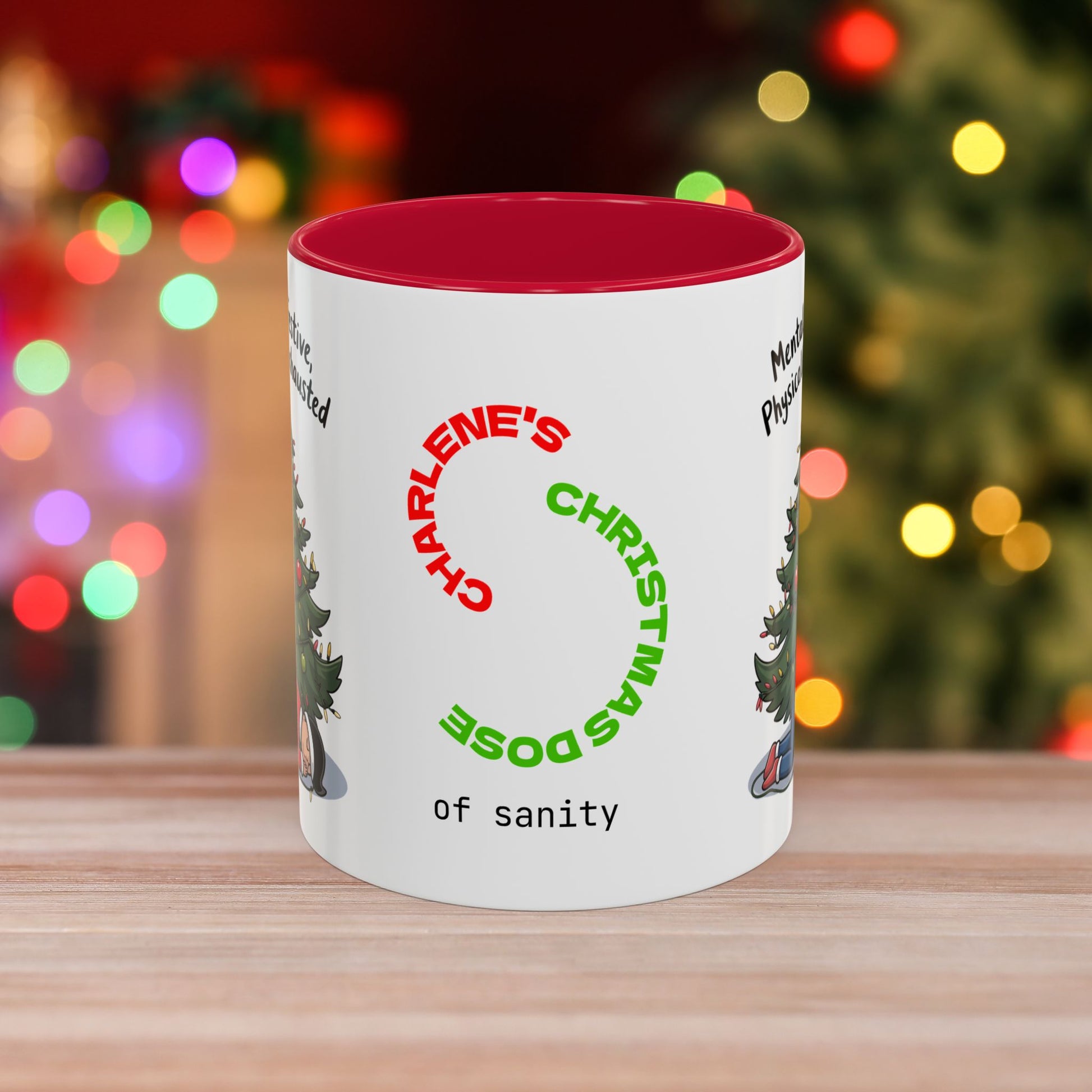 Mentally Festive, Physically Exhausted - Christmas Mug with Colorful Design and Accent Color