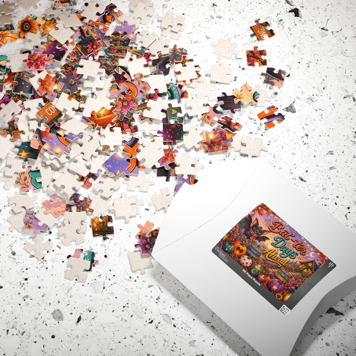 Bat-ter Days Ahead Halloween puzzle featuring cheerful bat artwork, heart pumpkins, and a cozy cottage scene