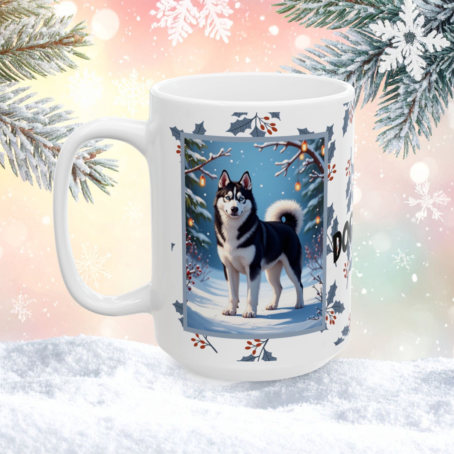 Husky (Black & White) Winter Mug - black and white husky artwork standing in a crisp winter setting with snowfall