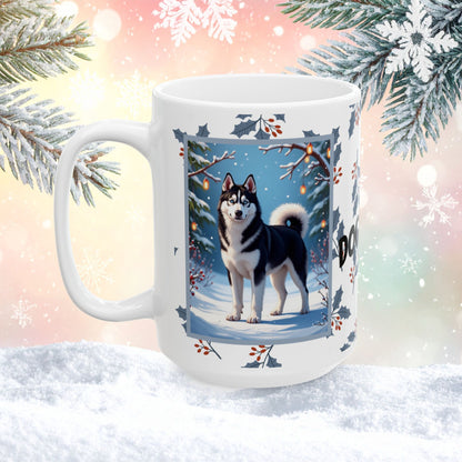 Husky (Black & White) Winter Mug - black and white husky artwork standing in a crisp winter setting with snowfall