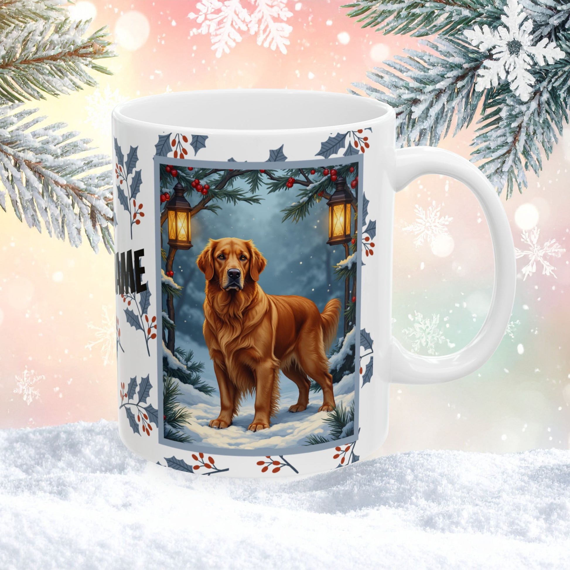 Golden Retriever (Dark Golden) Winter Mug - dark golden retriever illustrated standing in a festive winter setting