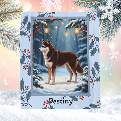 Husky Chocolate Red personalized winter throw with warm-toned Husky art in a cozy snowy lodge illustration