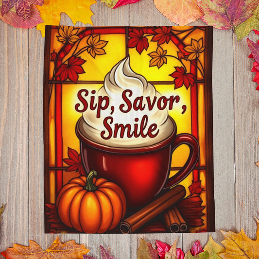 Cozy fall blanket with “Sip, Savor, Smile,” warm orange tones and autumn mindfulness aesthetic.