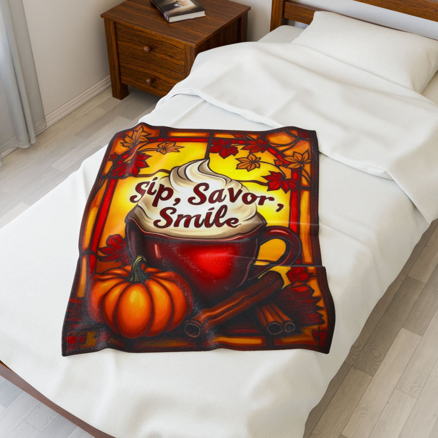 Cozy fall blanket with “Sip, Savor, Smile,” warm orange tones and autumn mindfulness aesthetic.