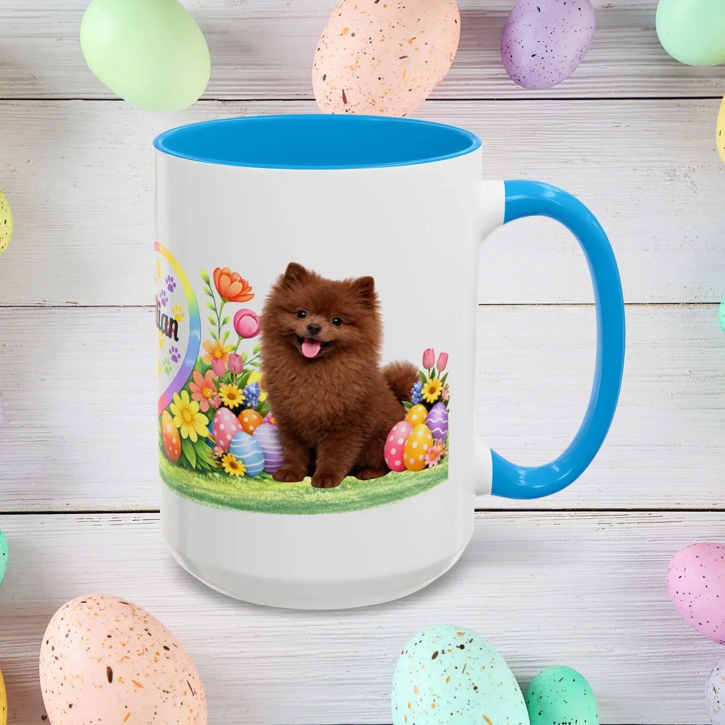 Shop our pomeranian chocolate puppy easter mug featuring the 15oz style option from MySisterIsASurvivor.