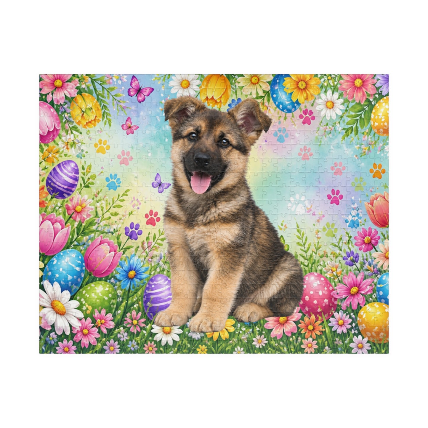 German Shepherd (Sable) Easter Puppy Puzzle - Spring Eggs, Wildflowers, and Butterflies
