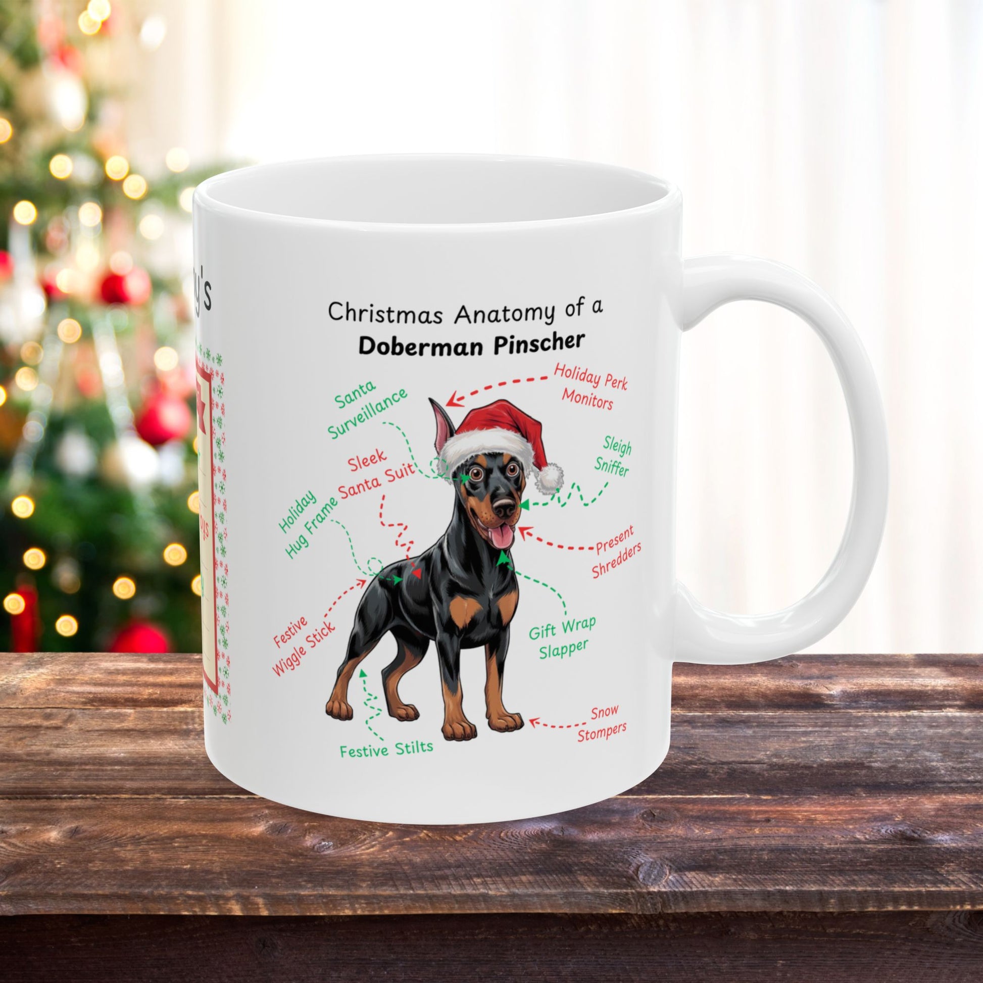 Doberman (Black & Rust) Christmas Mug - custom dog anatomy coffee cup, funny holiday gift for Doberman owners