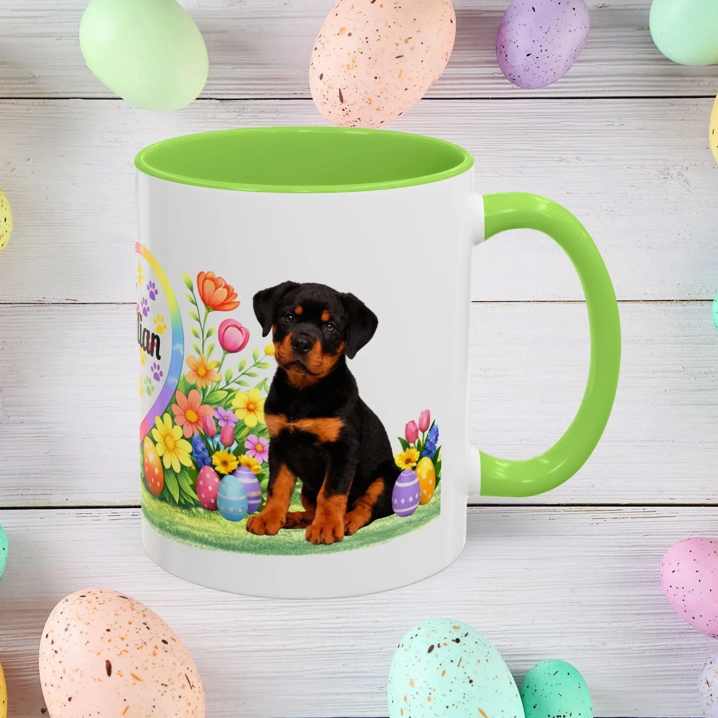 Shop our rottweiler black rust puppy easter mug featuring the 11oz style option from MySisterIsASurvivor.