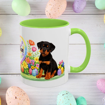 Shop our rottweiler black rust puppy easter mug featuring the 11oz style option from MySisterIsASurvivor.
