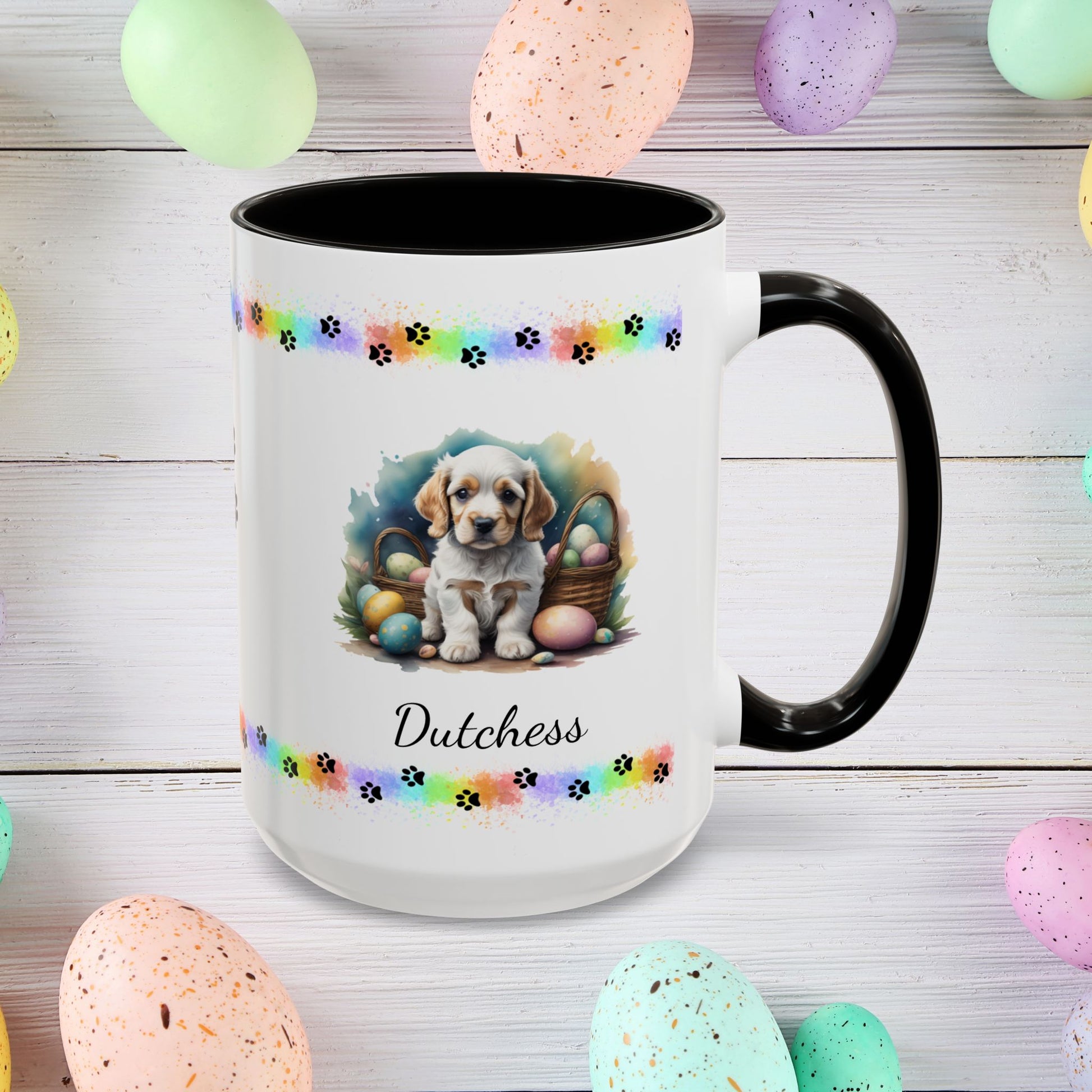 Cocker Spaniel (Orange & White): Personalized Easter Puppy Coffee Mug - Adorable Dog Design, Mental Health Gift, 11oz & 15oz, 12 Color Choices, Easter Gifts & Décor